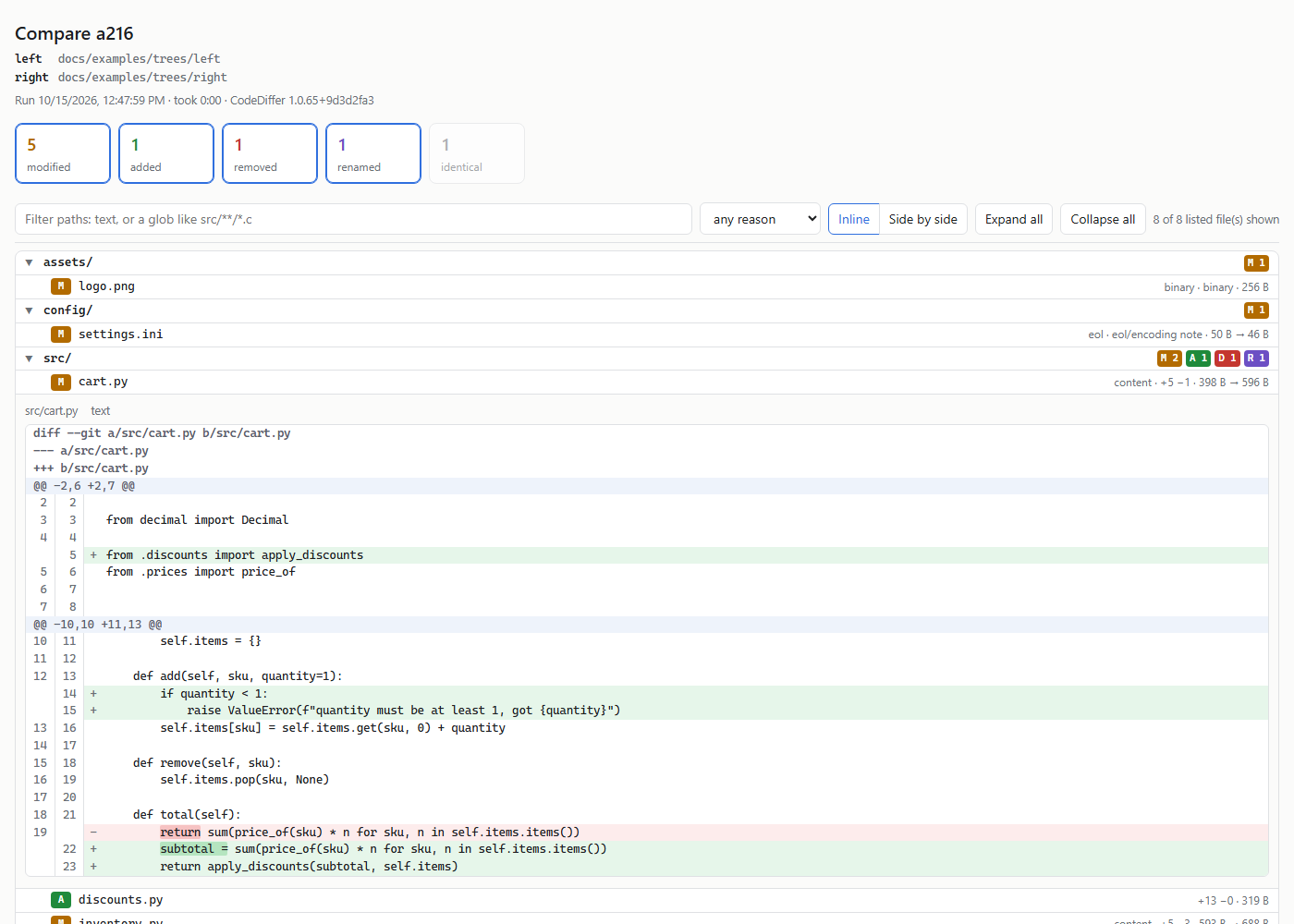 A 2-way report with a file's diff open inline